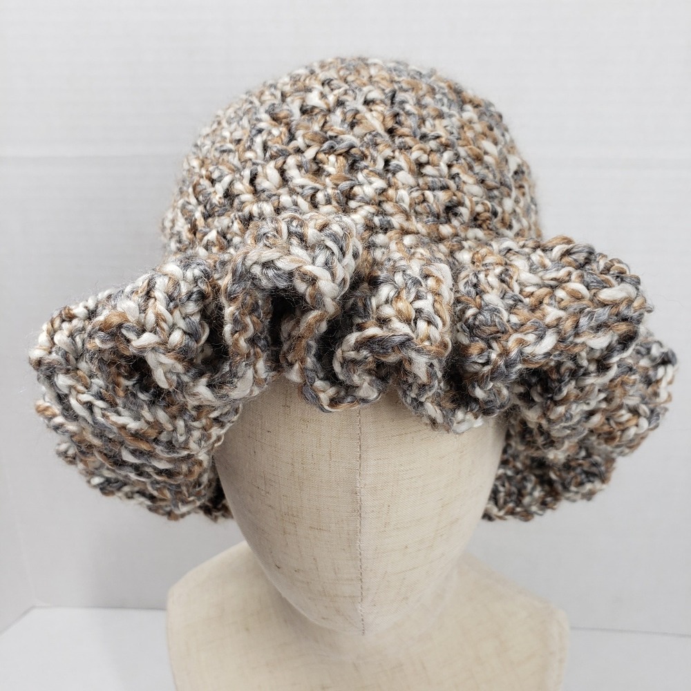 Handmade Crochet Brown Ruffle Bucket Hat Bohemian Casual Festival Neutral Fall